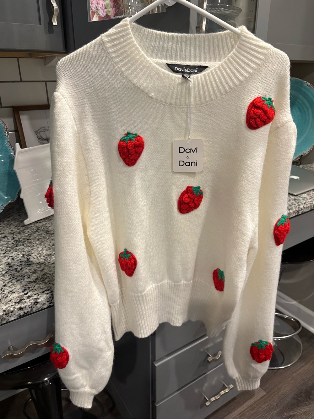 Davi & Dani Cream Strawberry Embroidered Crewneck Sweater